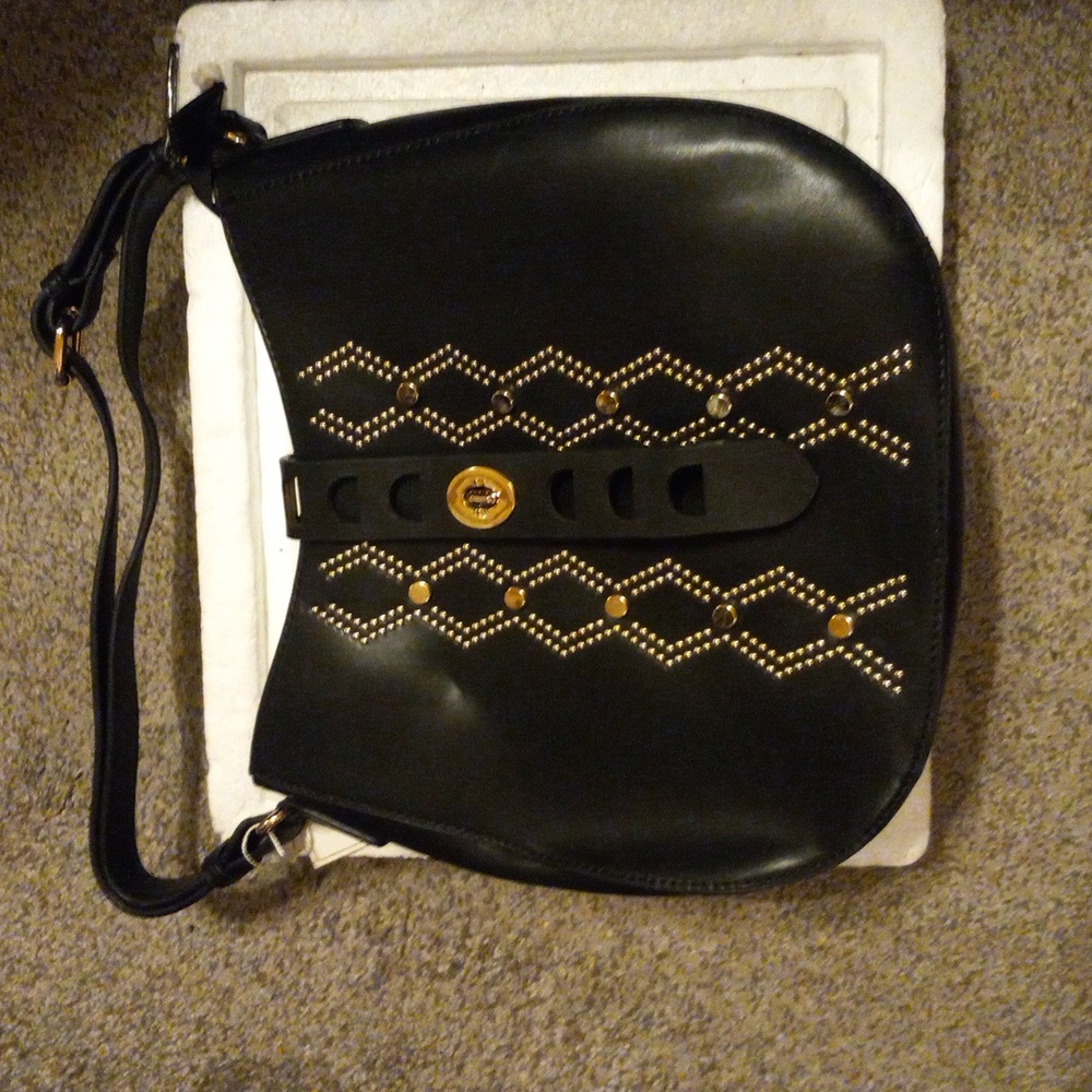 Stylish Black Crossbody Bag with Geometric Gold Patterns